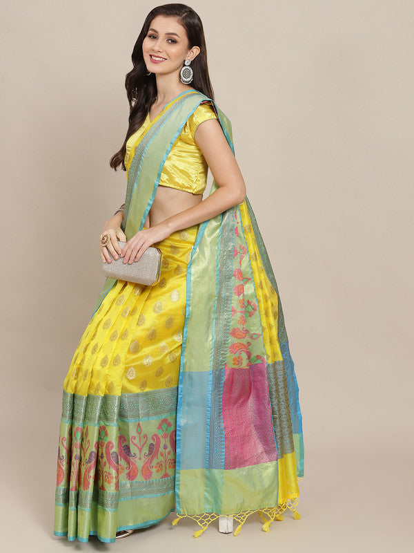 Yellow Art Silk Woven Zari Design Ethnic Motifs Saree with Unstitched Blouse - Hiral Fashion | Swadesiicart