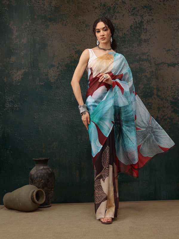 Brown Polyester Digital Print Floral Saree with Unstitched Blouse - Hiral Fashion | Swadesiicart