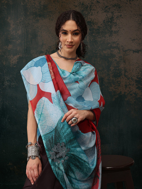 Brown Polyester Digital Print Floral Saree with Unstitched Blouse - Hiral Fashion | Swadesiicart