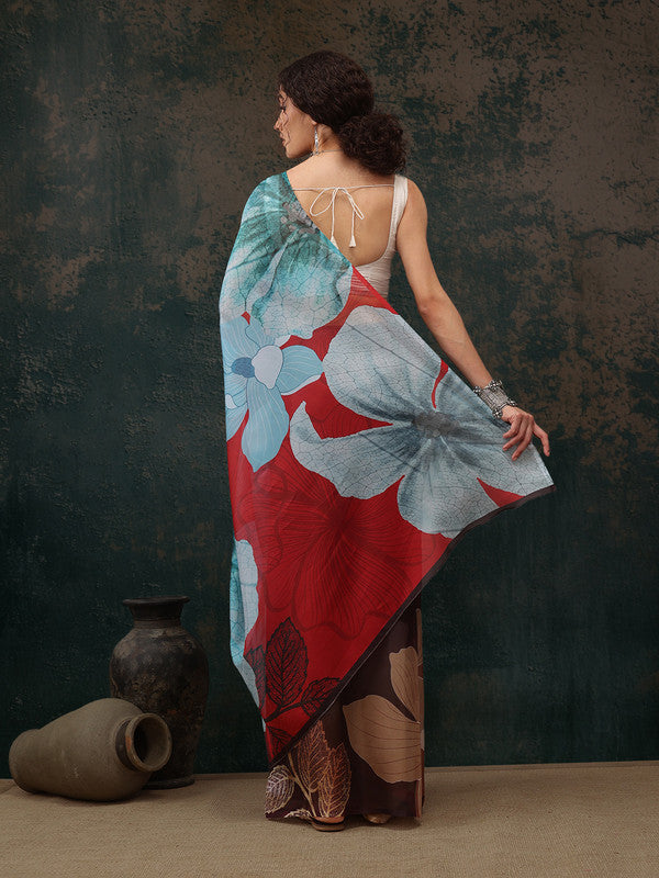 Brown Polyester Digital Print Floral Saree with Unstitched Blouse - Hiral Fashion | Swadesiicart