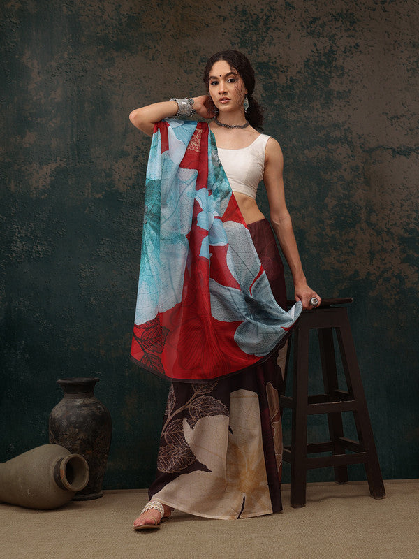 Brown Polyester Digital Print Floral Saree with Unstitched Blouse - Hiral Fashion | Swadesiicart