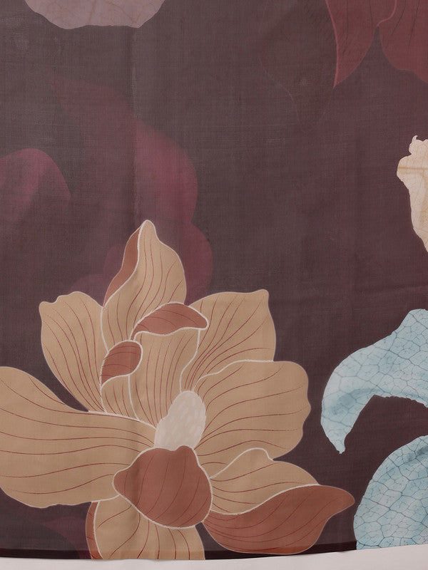 Brown Polyester Digital Print Floral Saree with Unstitched Blouse - Hiral Fashion | Swadesiicart
