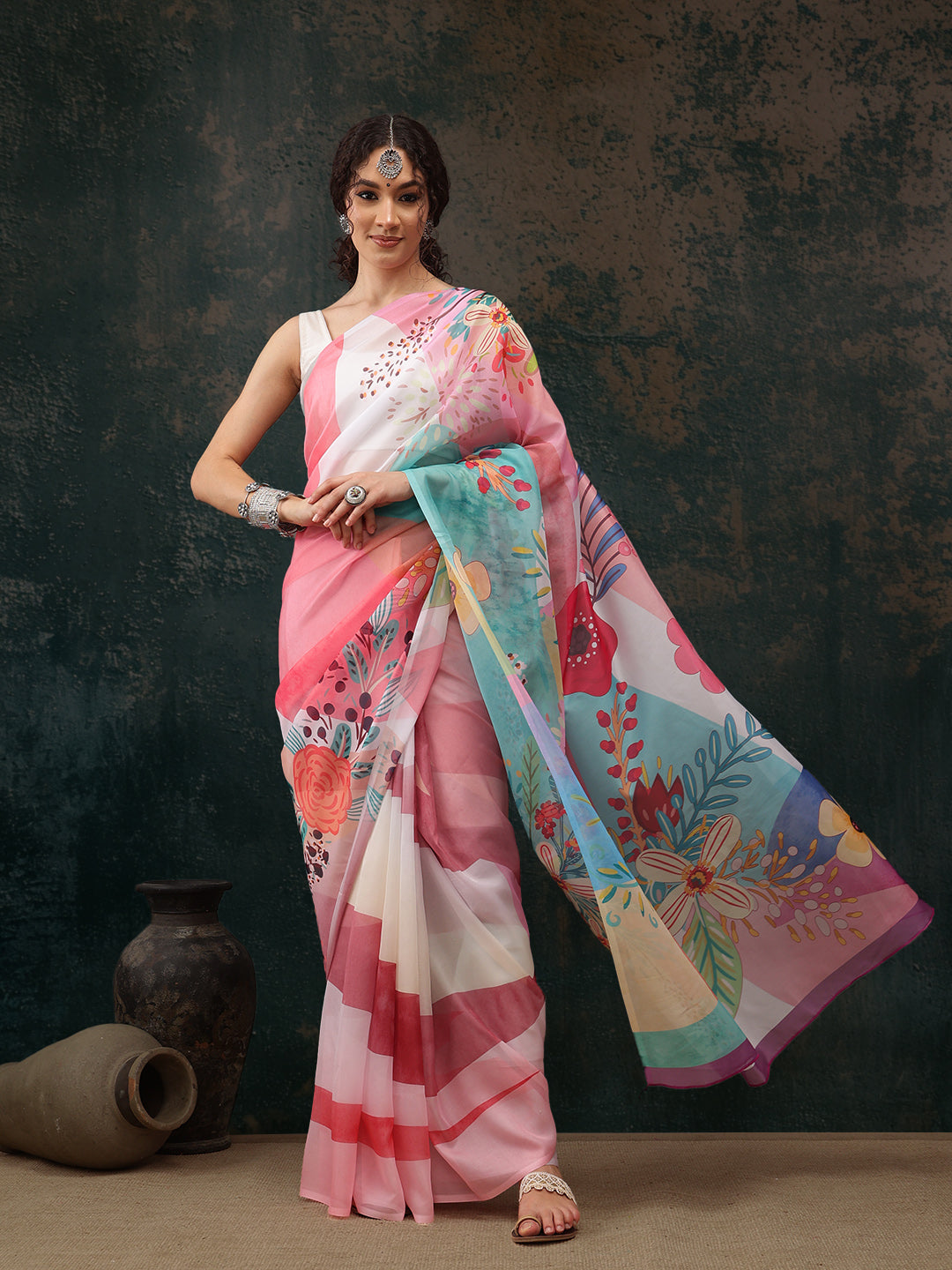 Multicolor Polyester Digital Print Floral Saree with Unstitched Blouse - Hiral Fashion | Swadesiicart