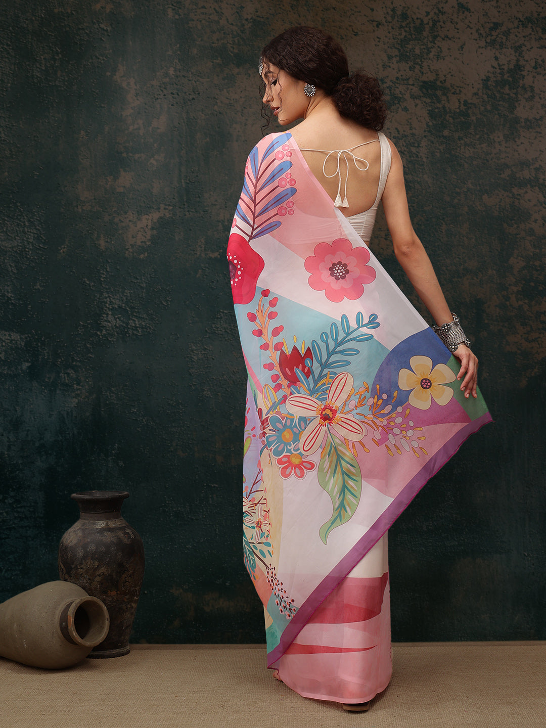 Multicolor Polyester Digital Print Floral Saree with Unstitched Blouse - Hiral Fashion | Swadesiicart