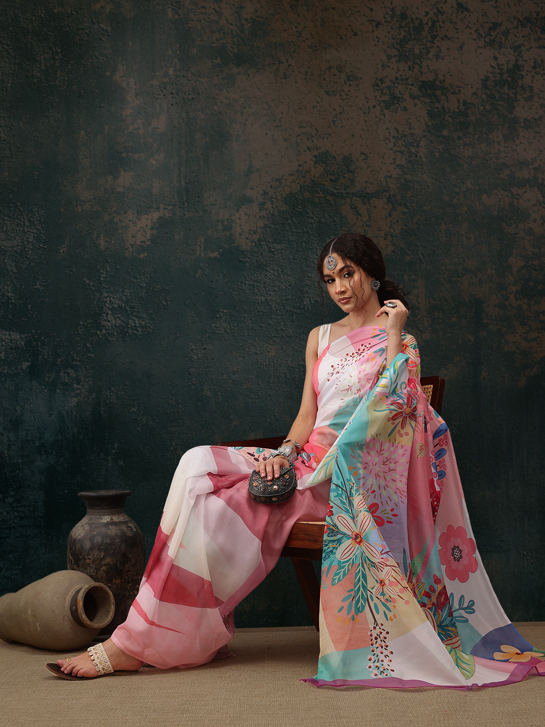 Multicolor Polyester Digital Print Floral Saree with Unstitched Blouse - Hiral Fashion | Swadesiicart
