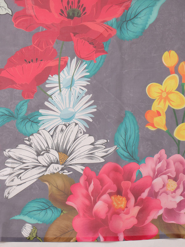 Gray Polyester Digital Print Floral Saree with Unstitched Blouse - Hiral Fashion | Swadesiicart