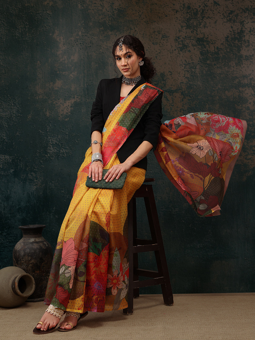 Mustard Polyester Digital Print Floral Saree with Unstitched Blouse - Hiral Fashion | Swadesiicart