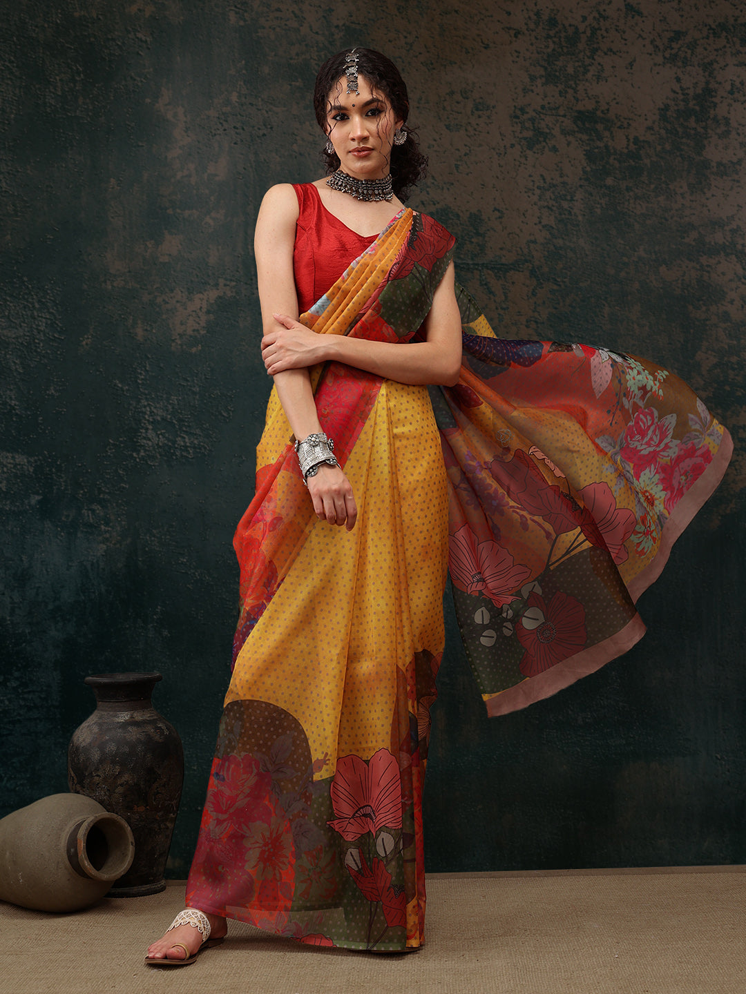 Mustard Polyester Digital Print Floral Saree with Unstitched Blouse - Hiral Fashion | Swadesiicart