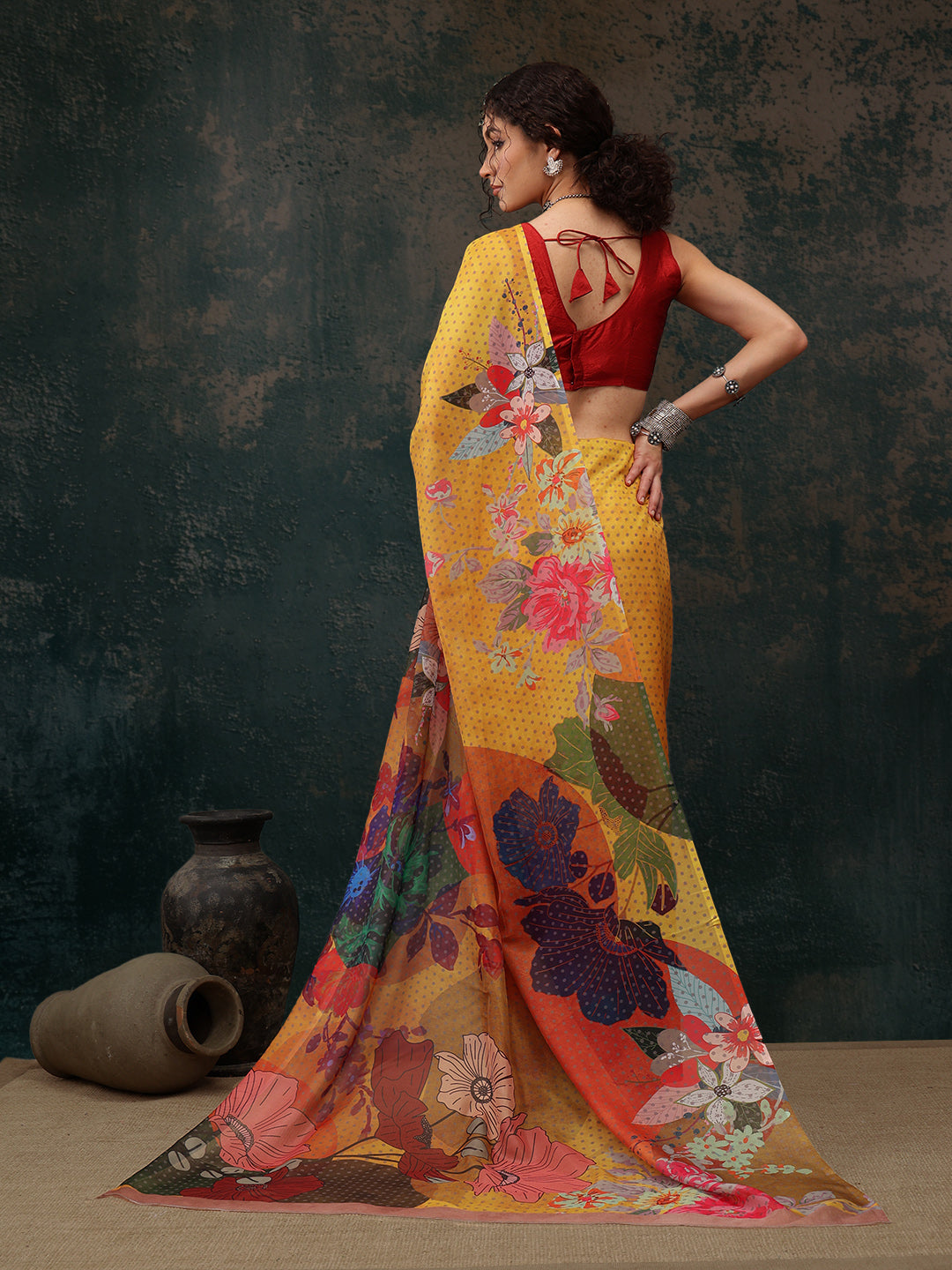 Mustard Polyester Digital Print Floral Saree with Unstitched Blouse - Hiral Fashion | Swadesiicart
