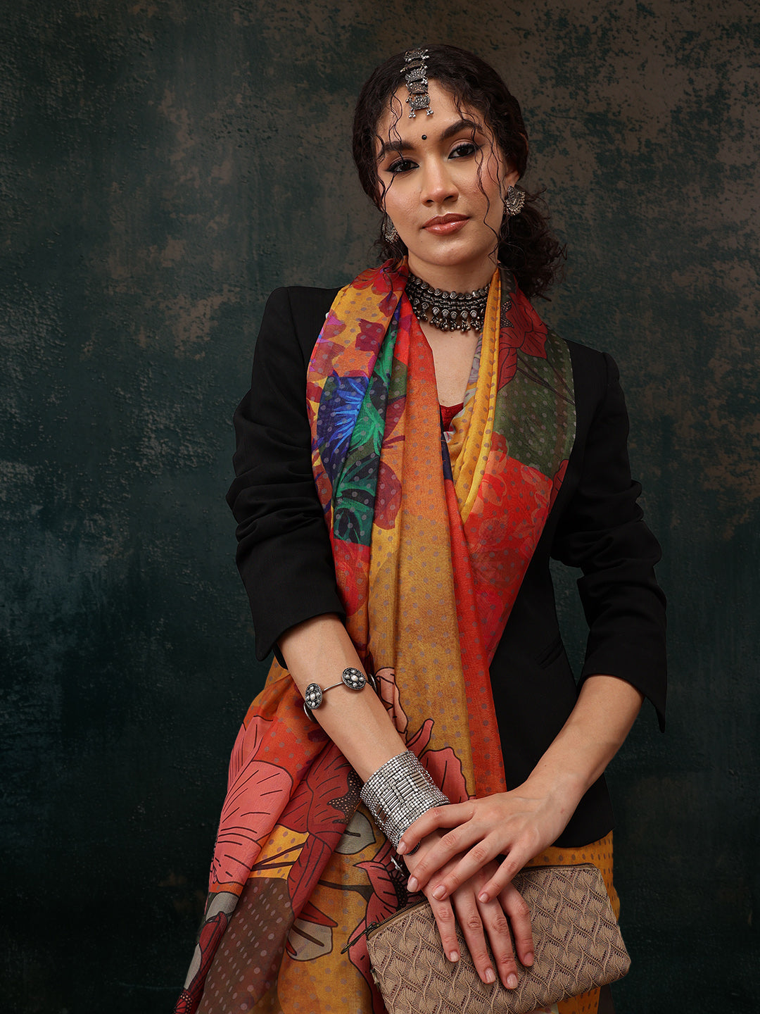 Mustard Polyester Digital Print Floral Saree with Unstitched Blouse - Hiral Fashion | Swadesiicart