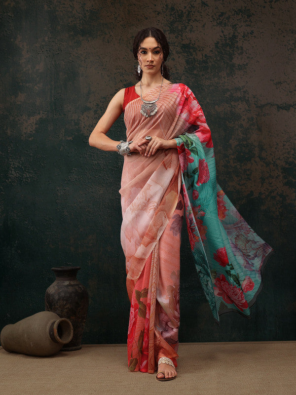 Multicolor Polyester Digital Print Floral Saree with Unstitched Blouse - Hiral Fashion | Swadesiicart