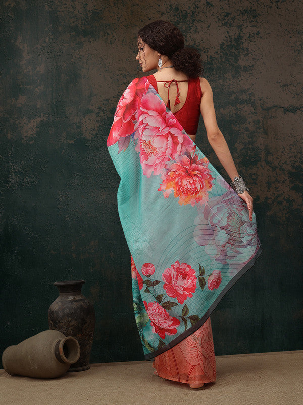 Multicolor Polyester Digital Print Floral Saree with Unstitched Blouse - Hiral Fashion | Swadesiicart
