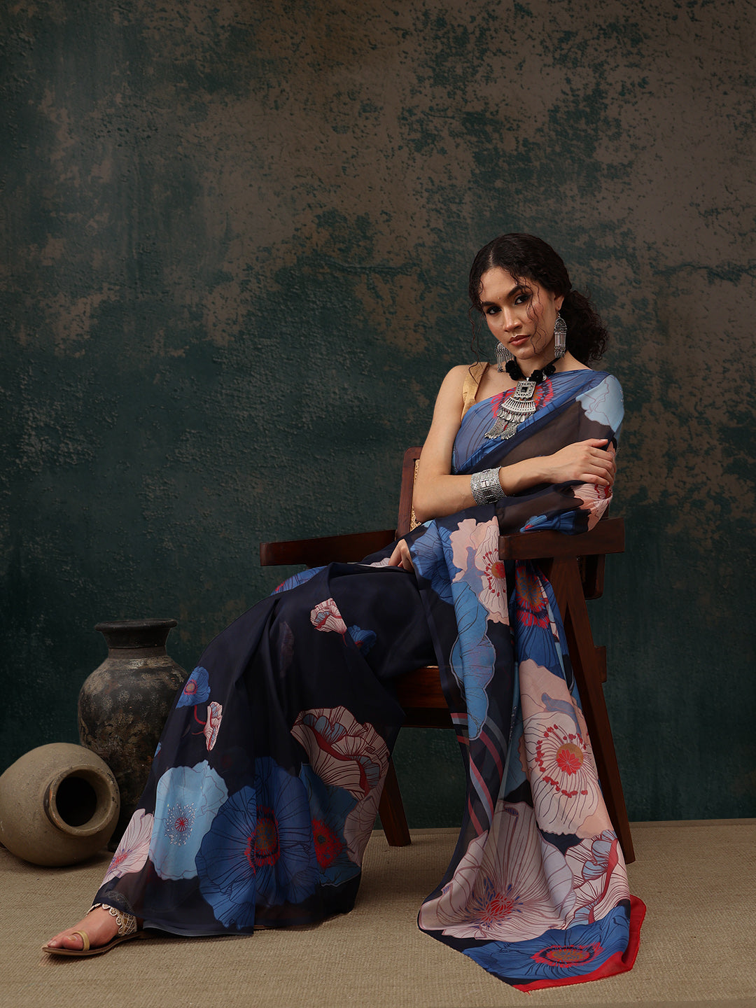 Navy Blue Polyester Digital Print Floral Saree with Unstitched Blouse - Hiral Fashion | Swadesiicart