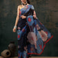 Navy Blue Polyester Digital Print Floral Saree with Unstitched Blouse - Hiral Fashion | Swadesiicart