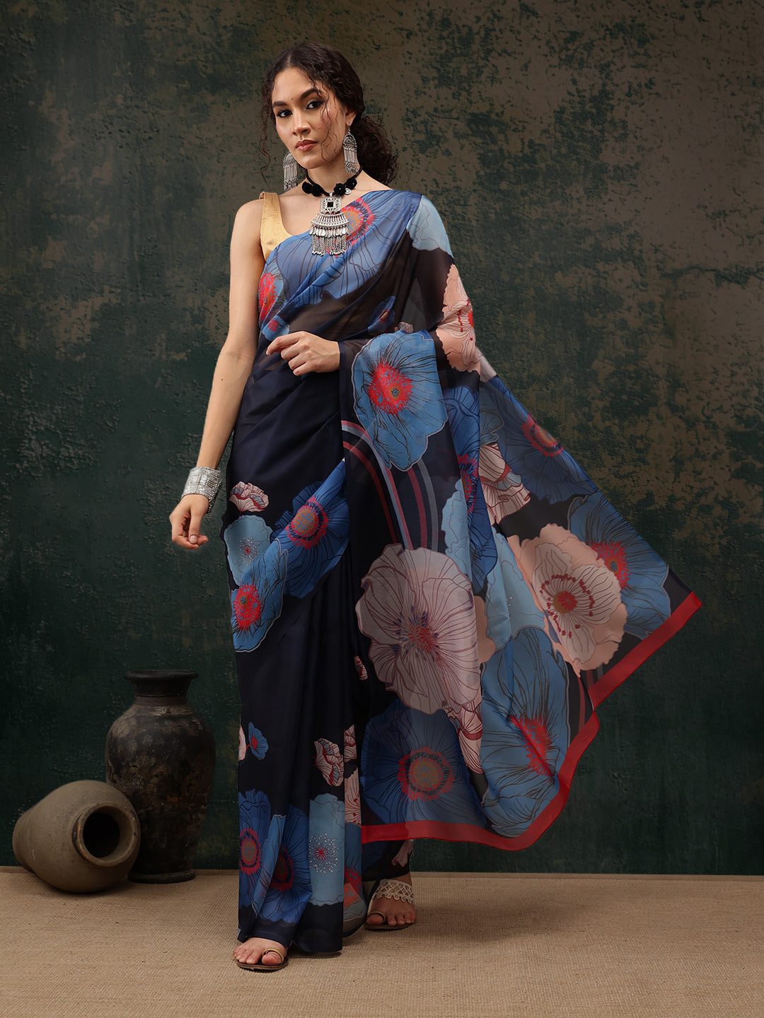 Navy Blue Polyester Digital Print Floral Saree with Unstitched Blouse - Hiral Fashion | Swadesiicart