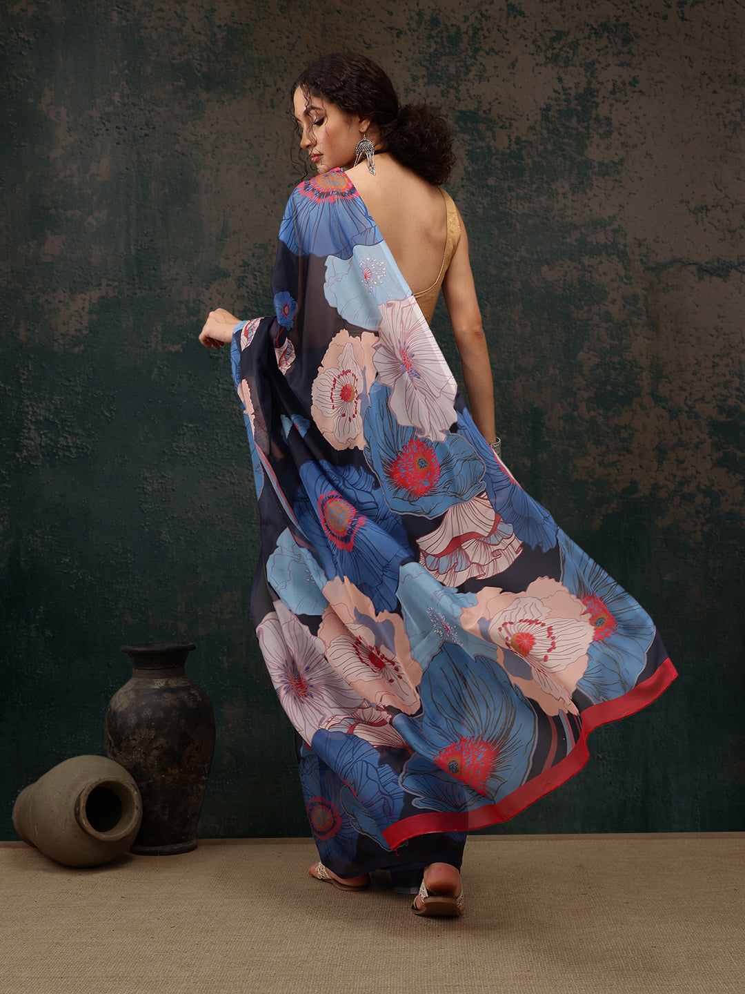 Navy Blue Polyester Digital Print Floral Saree with Unstitched Blouse - Hiral Fashion | Swadesiicart