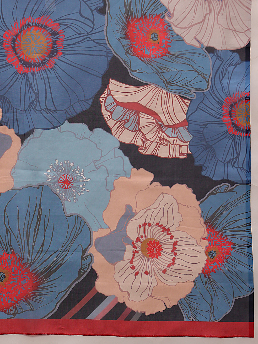 Navy Blue Polyester Digital Print Floral Saree with Unstitched Blouse - Hiral Fashion | Swadesiicart