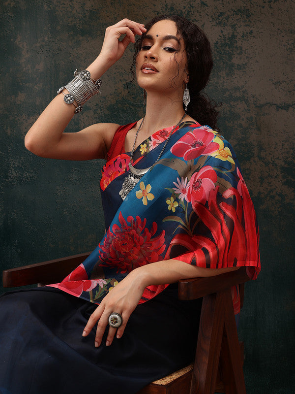 Royal Blue Polyester Digital Print Floral Saree with Unstitched Blouse - Hiral Fashion | Swadesiicart