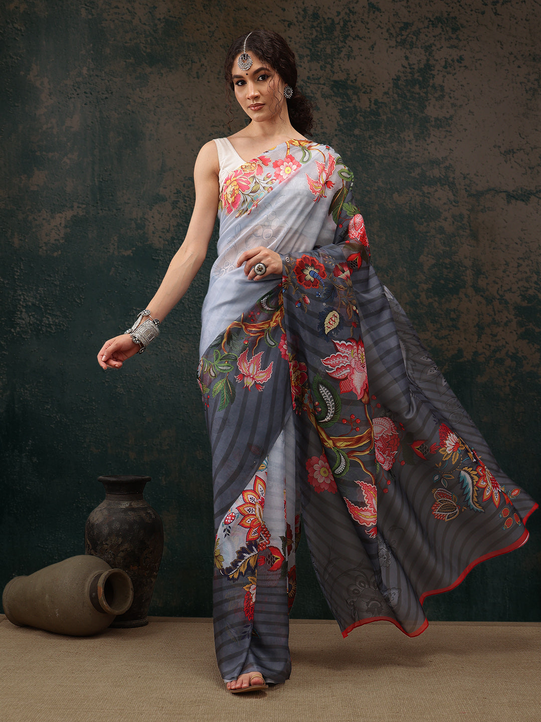 Sky Blue Polyester Digital Print Floral Saree with Unstitched Blouse - Hiral Fashion | Swadesiicart