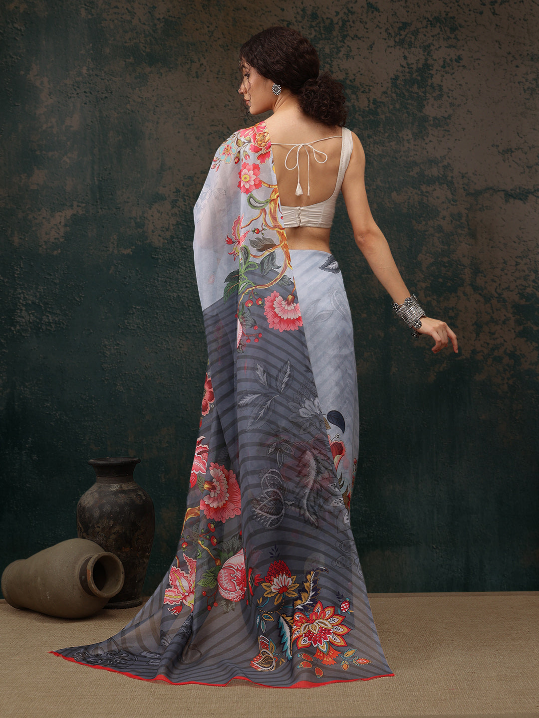 Sky Blue Polyester Digital Print Floral Saree with Unstitched Blouse - Hiral Fashion | Swadesiicart