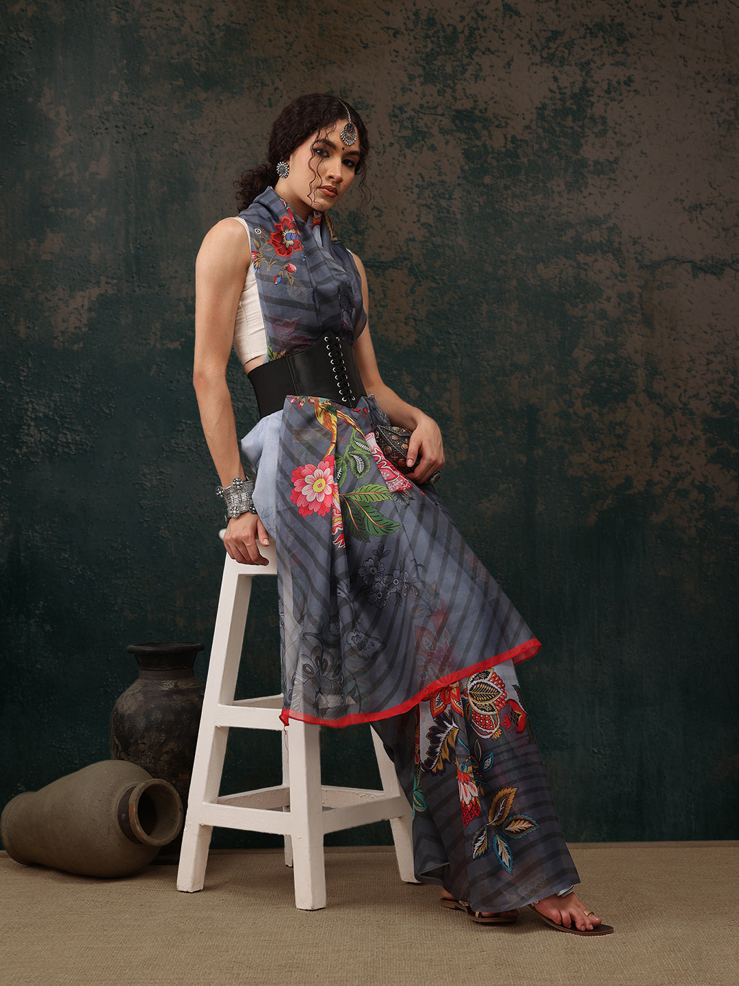 Sky Blue Polyester Digital Print Floral Saree with Unstitched Blouse - Hiral Fashion | Swadesiicart
