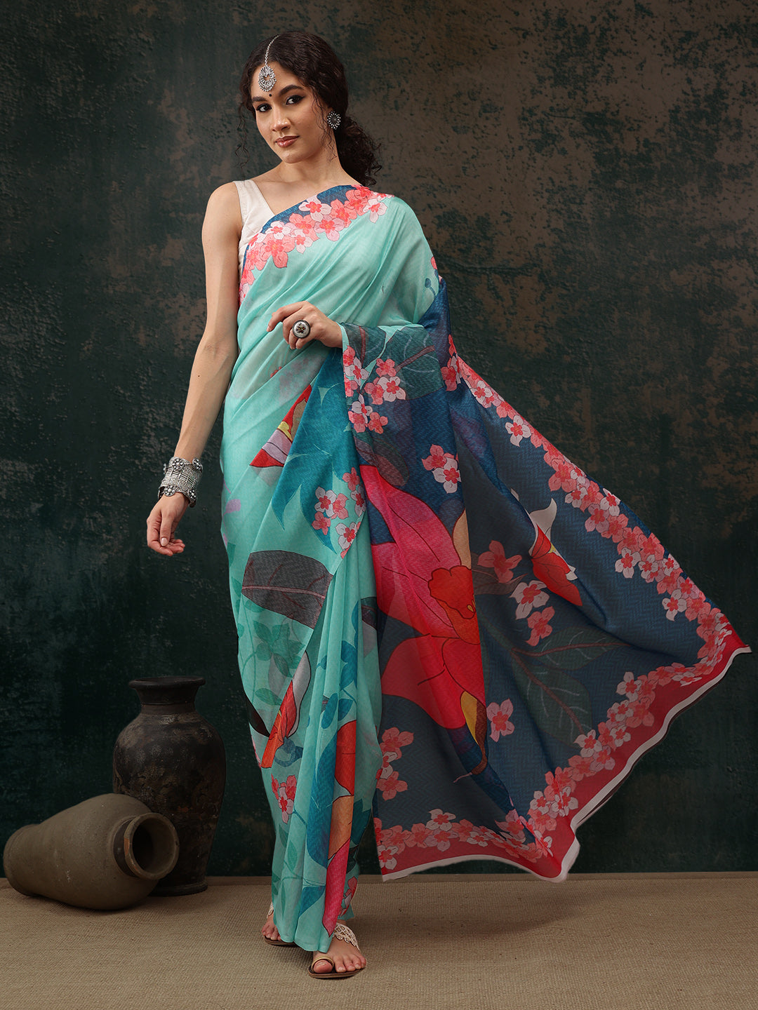 Turquoise Polyester Digital Print Floral Saree with Unstitched Blouse - Hiral Fashion | Swadesiicart