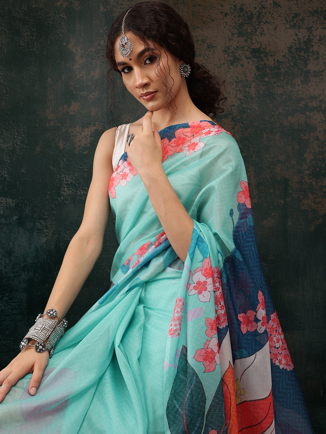 Turquoise Polyester Digital Print Floral Saree with Unstitched Blouse - Hiral Fashion | Swadesiicart