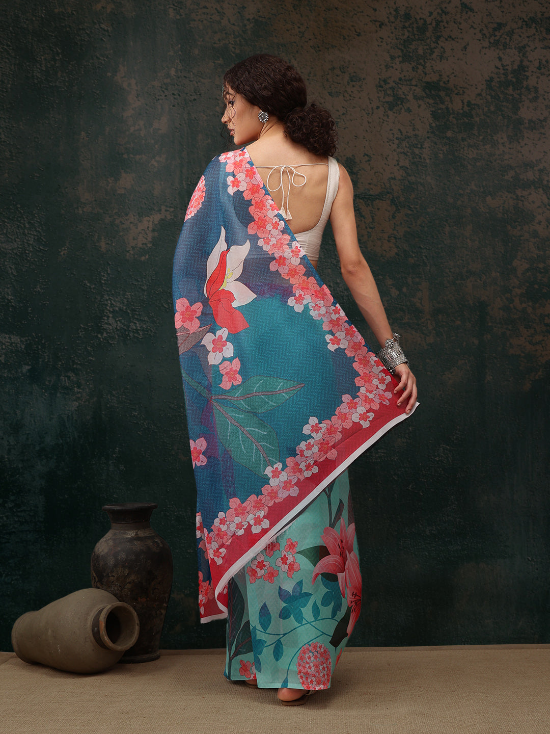 Turquoise Polyester Digital Print Floral Saree with Unstitched Blouse - Hiral Fashion | Swadesiicart