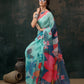 Turquoise Polyester Digital Print Floral Saree with Unstitched Blouse - Hiral Fashion | Swadesiicart