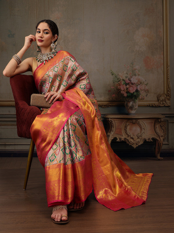 Multicolor Pure Silk Woven Zari Design Floral Saree with Unstitched Blouse - Hiral Fashion | Swadesiicart