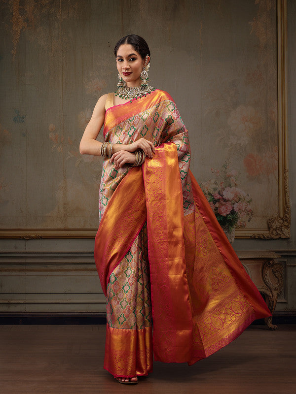 Multicolor Pure Silk Woven Zari Design Floral Saree with Unstitched Blouse - Hiral Fashion | Swadesiicart