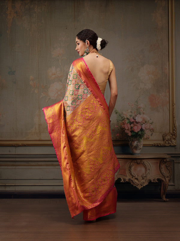 Multicolor Pure Silk Woven Zari Design Floral Saree with Unstitched Blouse - Hiral Fashion | Swadesiicart