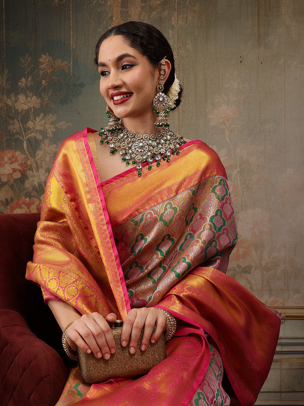 Multicolor Pure Silk Woven Zari Design Floral Saree with Unstitched Blouse - Hiral Fashion | Swadesiicart