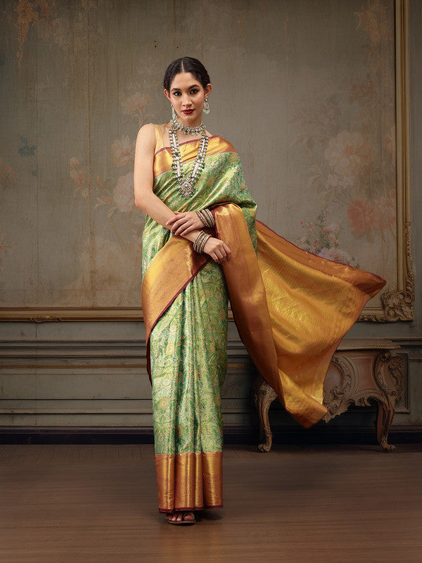 Green Pure Silk Woven Zari Design Floral Saree with Unstitched Blouse - Hiral Fashion | Swadesiicart