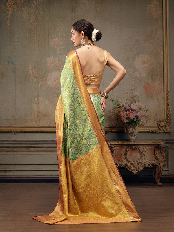 Green Pure Silk Woven Zari Design Floral Saree with Unstitched Blouse - Hiral Fashion | Swadesiicart