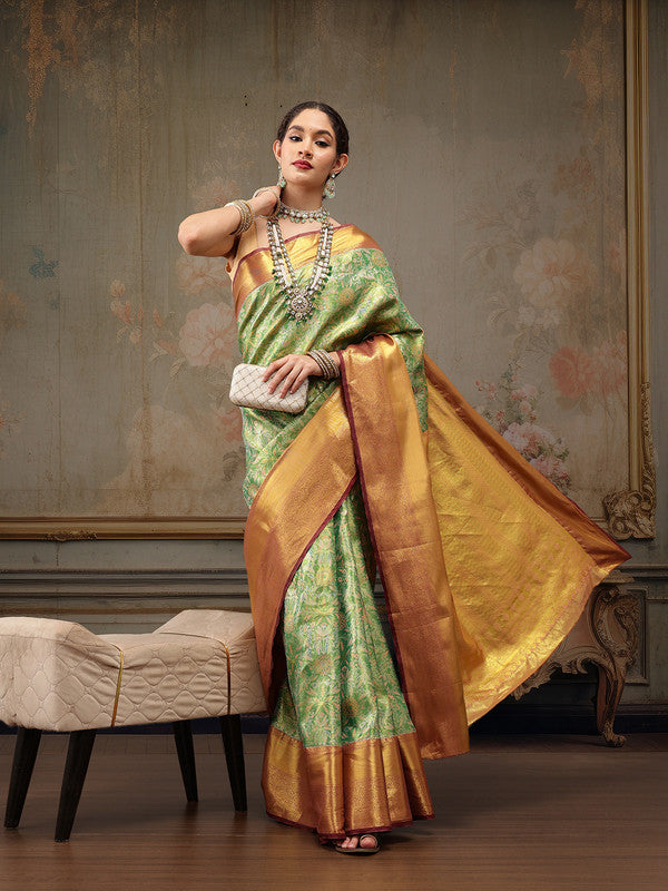 Green Pure Silk Woven Zari Design Floral Saree with Unstitched Blouse - Hiral Fashion | Swadesiicart