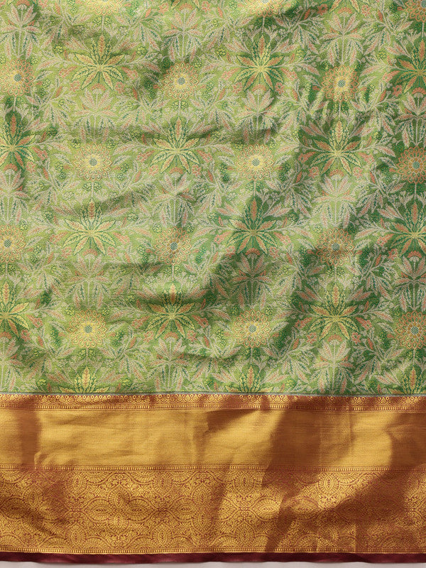 Green Pure Silk Woven Zari Design Floral Saree with Unstitched Blouse - Hiral Fashion | Swadesiicart