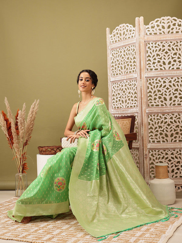 Green Cotton Woven Thread Floral Saree with Unstitched Blouse - Hiral Fashion | Swadesiicart