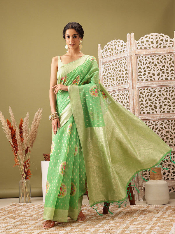 Green Cotton Woven Thread Floral Saree with Unstitched Blouse - Hiral Fashion | Swadesiicart