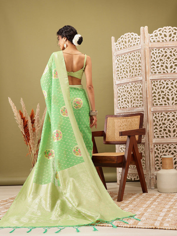 Green Cotton Woven Thread Floral Saree with Unstitched Blouse - Hiral Fashion | Swadesiicart