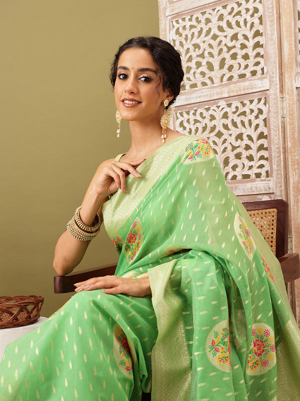 Green Cotton Woven Thread Floral Saree with Unstitched Blouse - Hiral Fashion | Swadesiicart