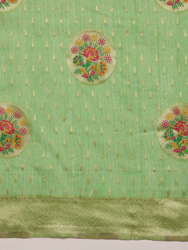 Green Cotton Woven Thread Floral Saree with Unstitched Blouse - Hiral Fashion | Swadesiicart