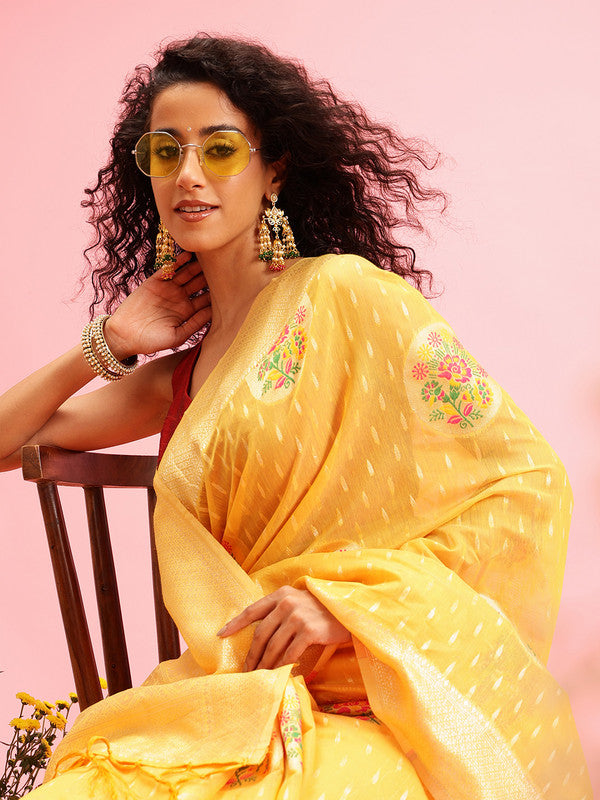Mustard Cotton Woven Thread Floral Saree with Unstitched Blouse - Hiral Fashion | Swadesiicart