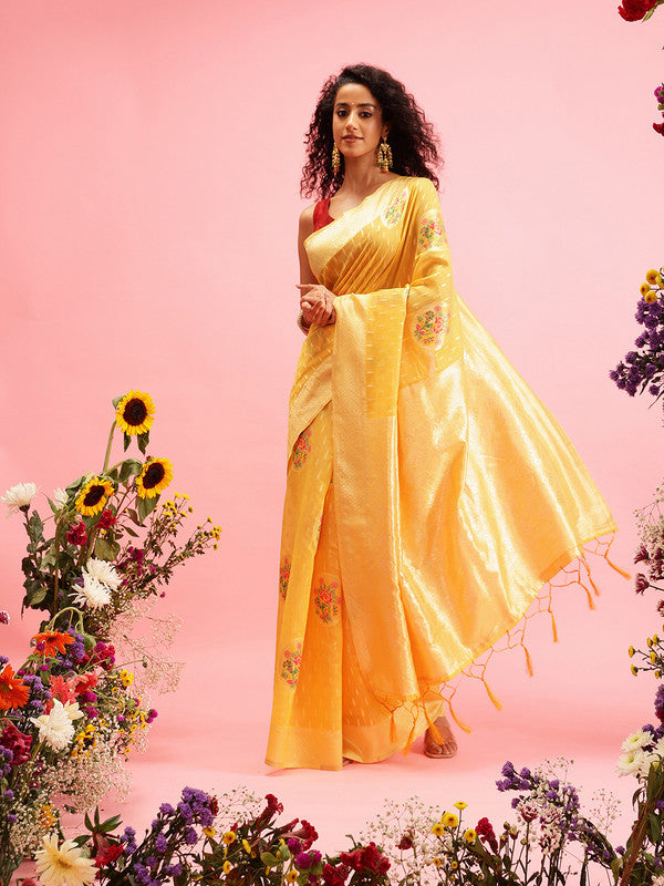Mustard Cotton Woven Thread Floral Saree with Unstitched Blouse - Hiral Fashion | Swadesiicart