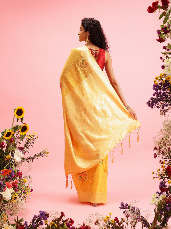 Mustard Cotton Woven Thread Floral Saree with Unstitched Blouse - Hiral Fashion | Swadesiicart