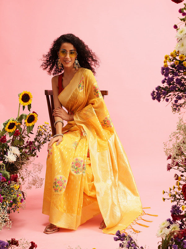 Mustard Cotton Woven Thread Floral Saree with Unstitched Blouse - Hiral Fashion | Swadesiicart