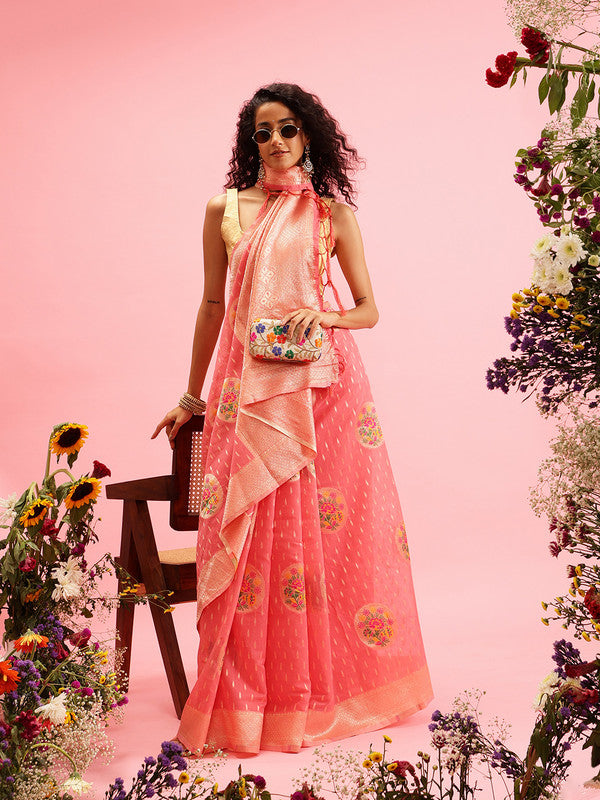 Pink Cotton Woven Thread Floral Saree with Unstitched Blouse - Hiral Fashion | Swadesiicart