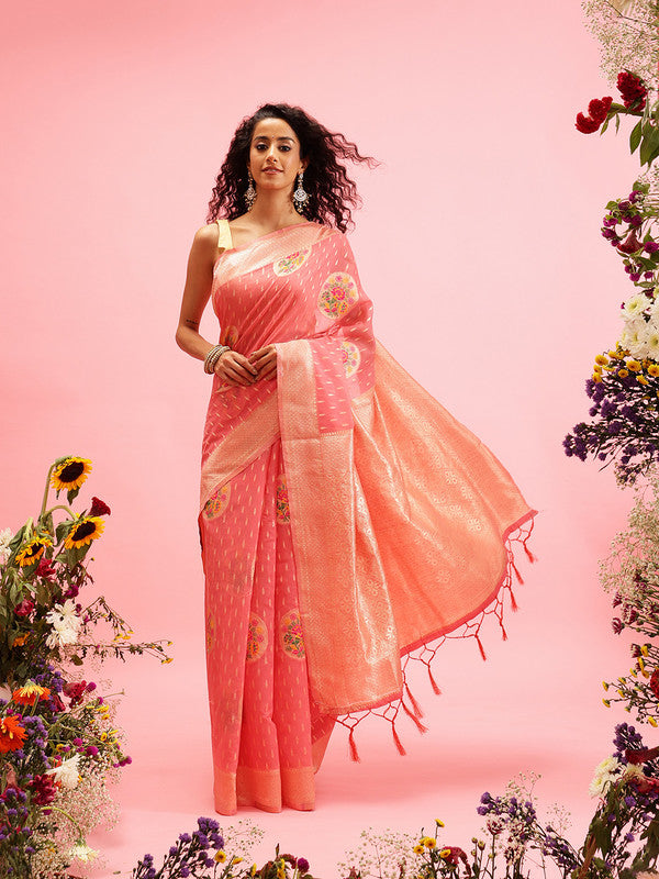 Pink Cotton Woven Thread Floral Saree with Unstitched Blouse - Hiral Fashion | Swadesiicart