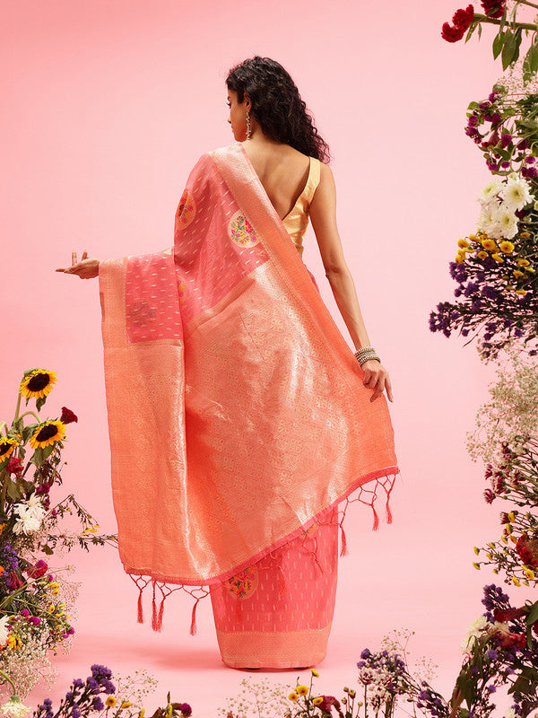 Pink Cotton Woven Thread Floral Saree with Unstitched Blouse - Hiral Fashion | Swadesiicart