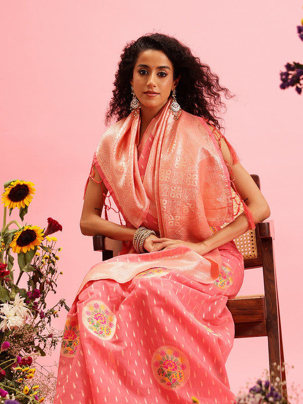 Pink Cotton Woven Thread Floral Saree with Unstitched Blouse - Hiral Fashion | Swadesiicart
